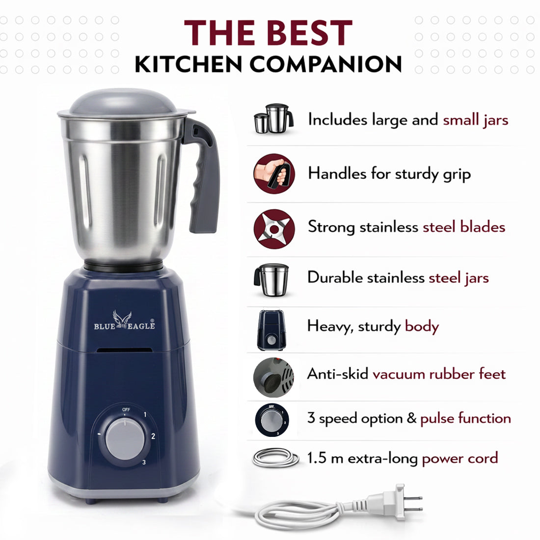 Blue Eagle Mixer Grinder, 750 Watt, 2 Stainless Steel and 2 Nutri Transparent Jars, Blue and Grey