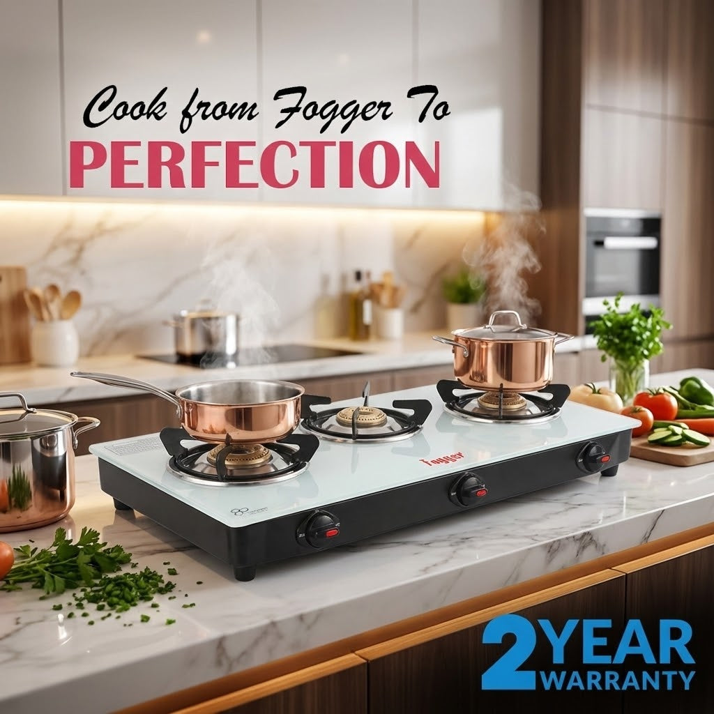 Fogger Gas stove Cute 3 Burner LPG Stove with CI Burner Manual Gas Stove White Toughened Glass Surface