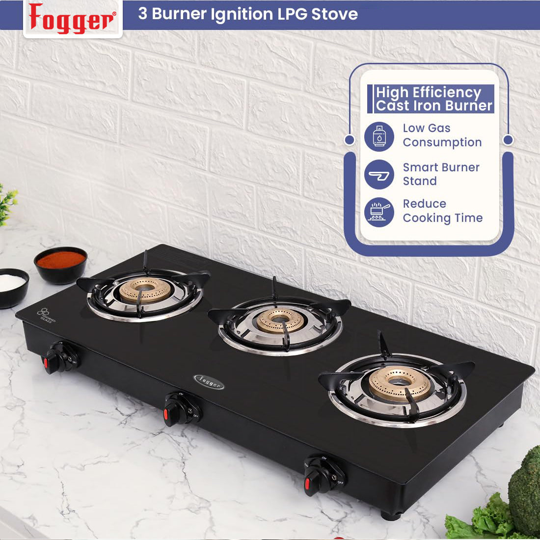 Fogger Gas stove Cute 3 Burner LPG Stove with CI Burner Manual Gas Stove Black(3 Burners)