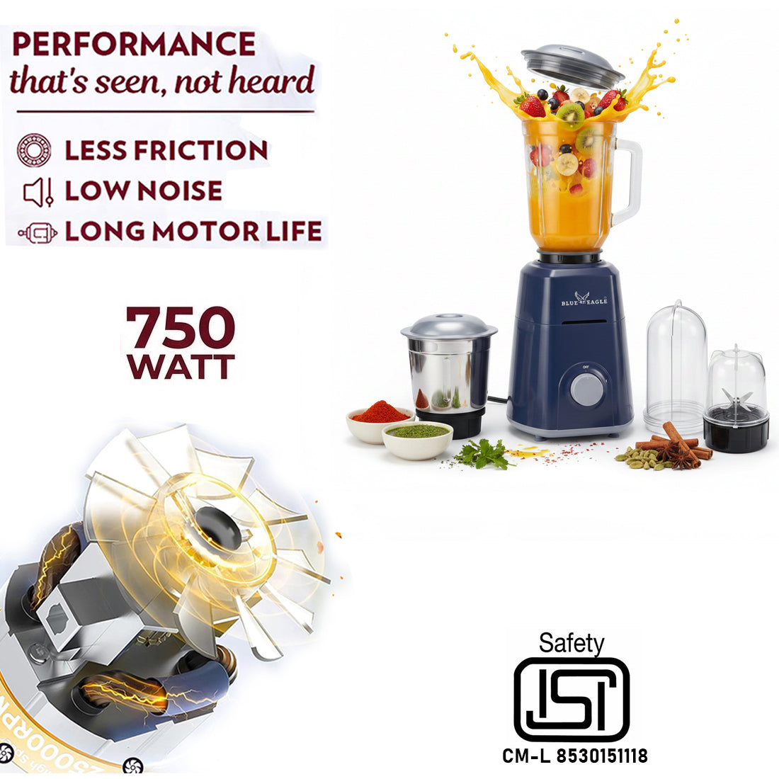Blue Eagle Mixer Grinder, 750 Watt, 4 Jars with 1 Stainless Steel and 3 Transparent Jars