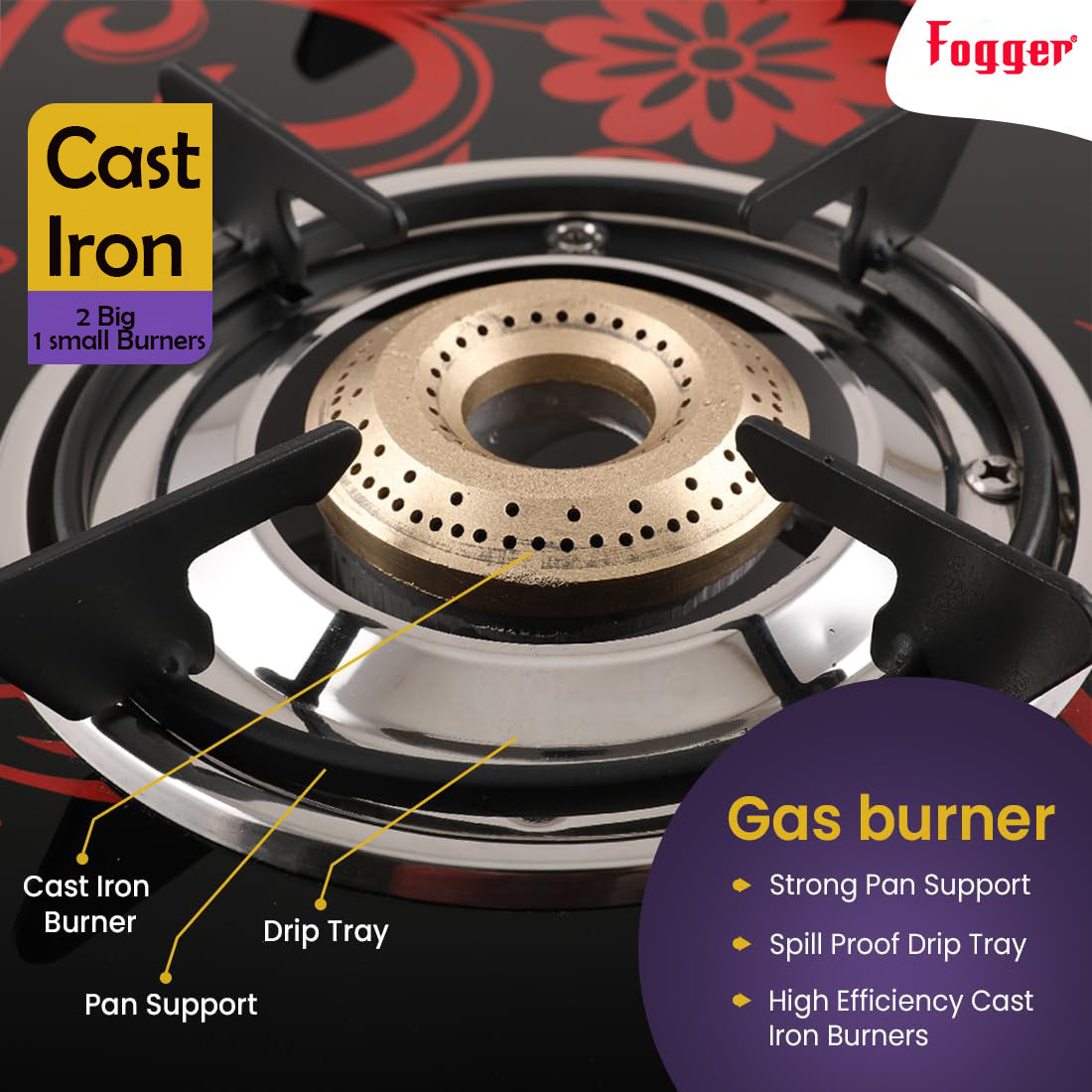 Fogger Gas stove Smart 3 Burner LPG Stove with CI Burner Manual Gas Stove Red Flower Design Toughened Glass Surface