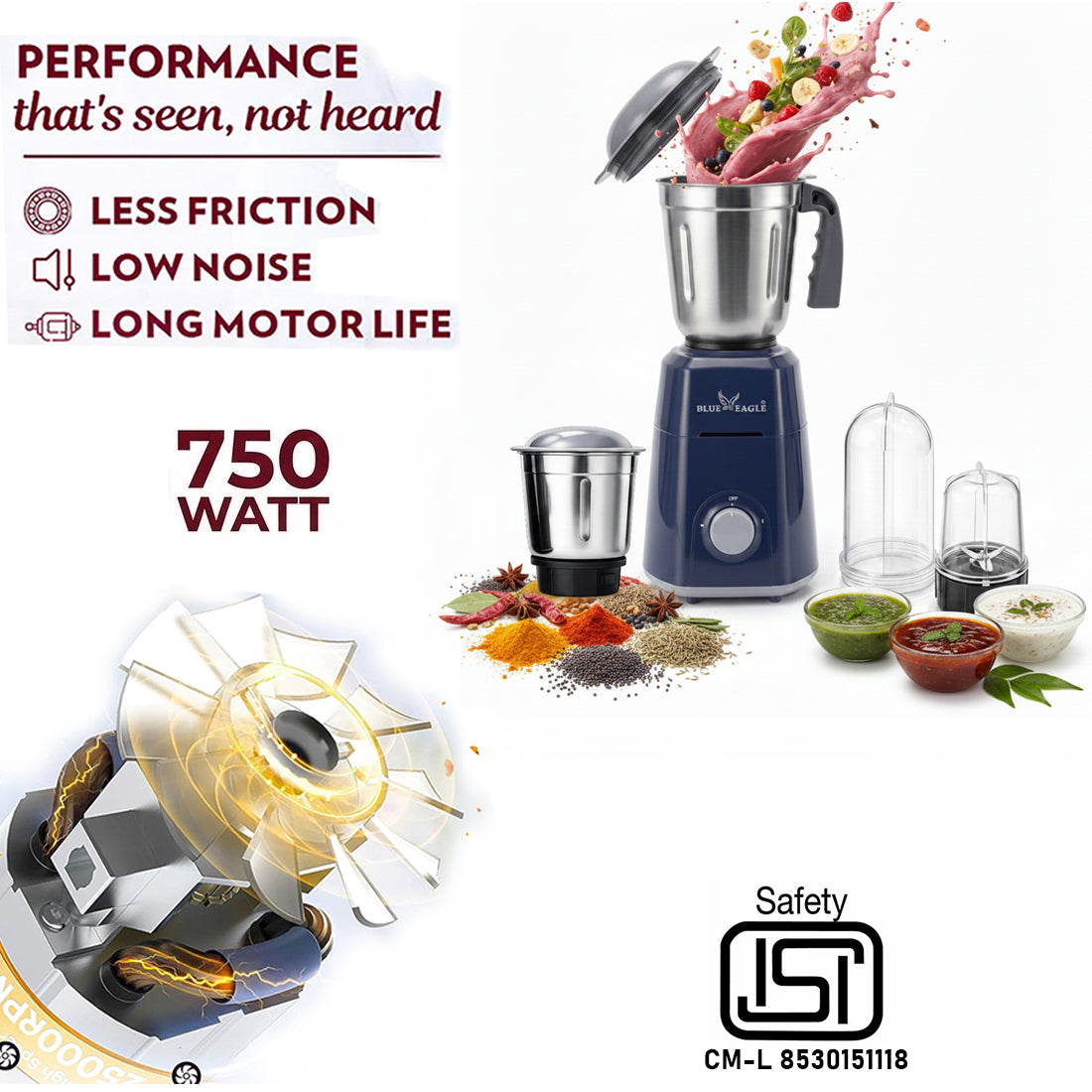 Blue Eagle Mixer Grinder, 750 Watt, 2 Stainless Steel and 2 Nutri Transparent Jars, Blue and Grey