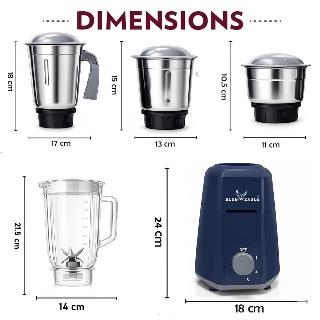 Blue Eagle Mixer Grinder (1 Grinding 0.8 Ltr + 1 Transparent 1.5 ltr Jar+ 2 Nuri) 750 watt Powerful Motor Morden Design