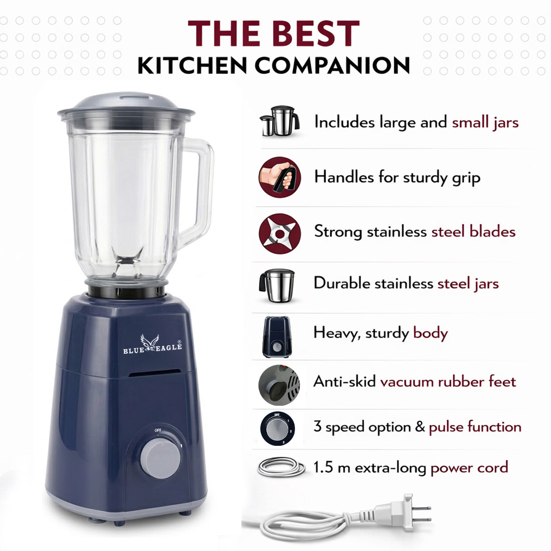 Blue Eagle Amazing 4 Jars (1 Transparent Jar+ 3 Stainless Steel Jar) 750 W Juicer Mixer Grinder (4 Jars | Black, Red)