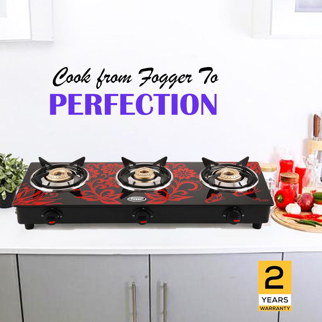 Fogger Gas stove Smart 3 Burner LPG Stove with CI Burner Manual Gas Stove Red Flower Design Toughened Glass Surface