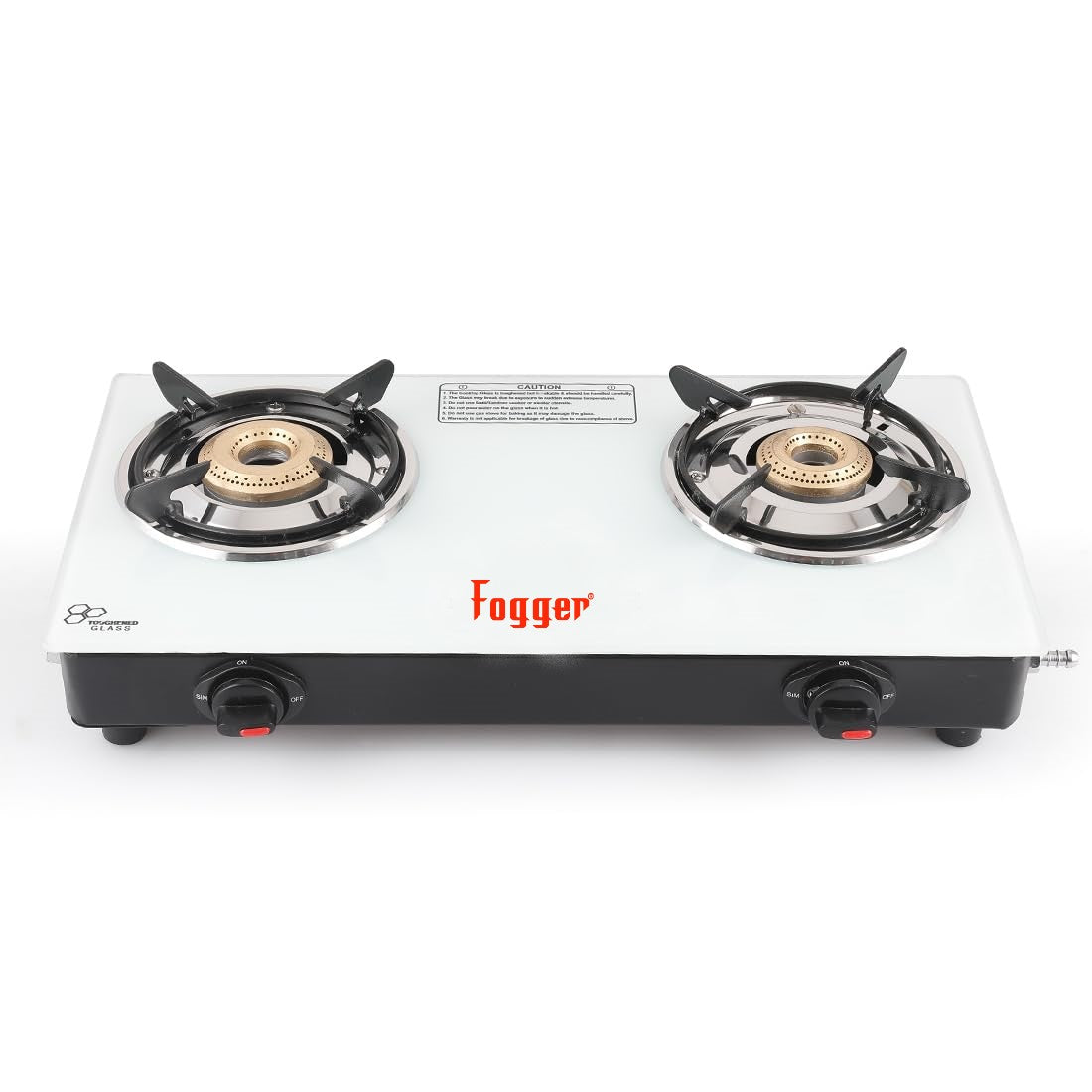 Fogger 2 Burner Glass Top Manual Gas Stove, White Toughened Glass Surface