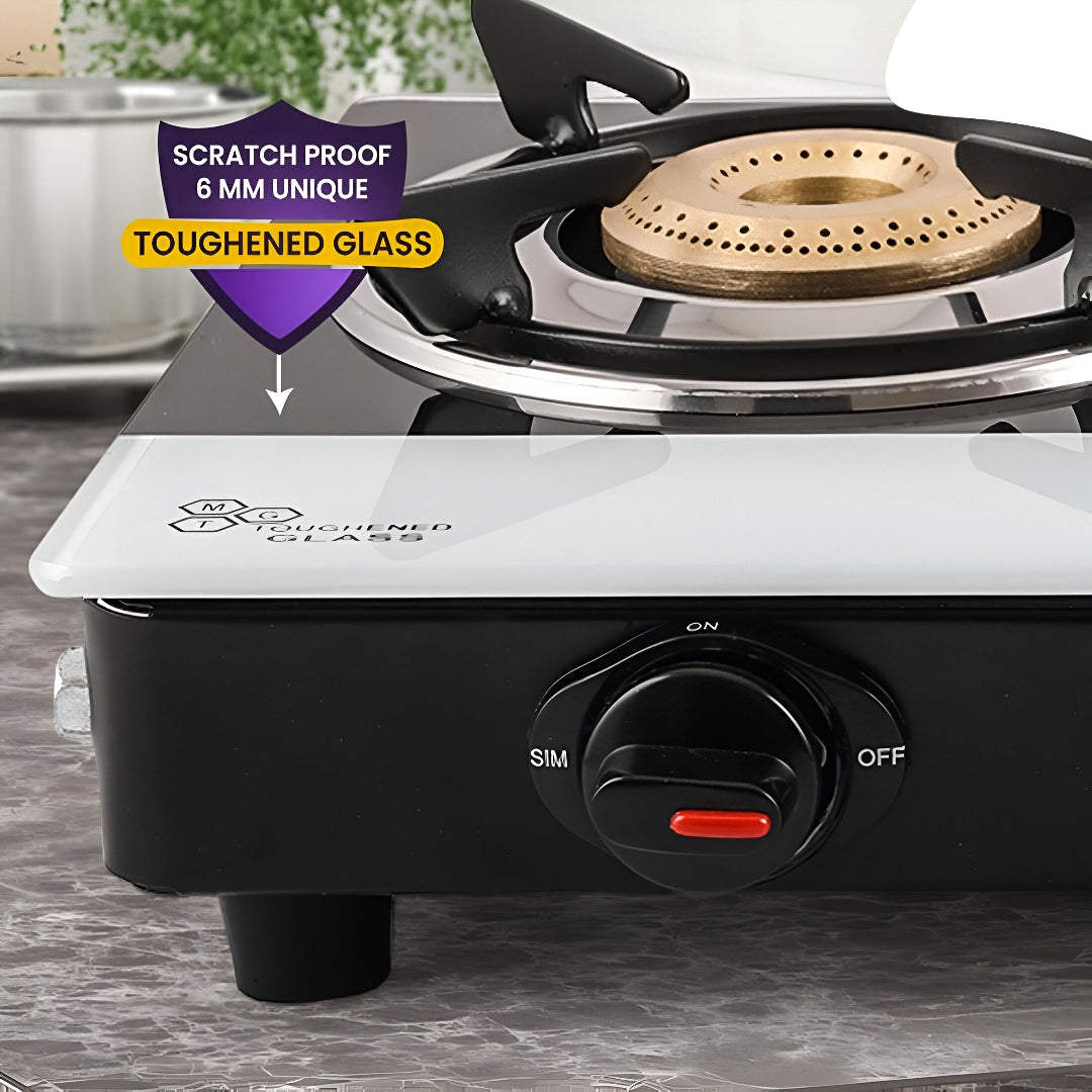 Fogger Gas stove Cute 3 Burner LPG Stove with CI Burner Manual Gas Stove White & Black Toughened Glass Surface