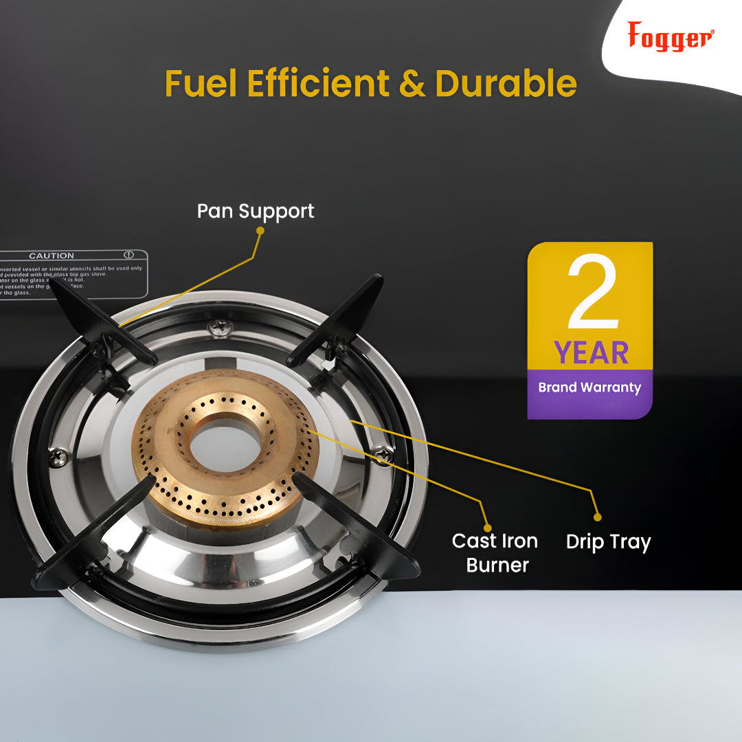 Fogger Gas stove Cute 3 Burner LPG Stove with CI Burner Manual Gas Stove White & Black Toughened Glass Surface