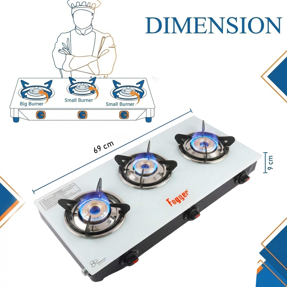 Fogger Gas stove Cute 3 Burner LPG Stove with CI Burner Manual Gas Stove White Toughened Glass Surface