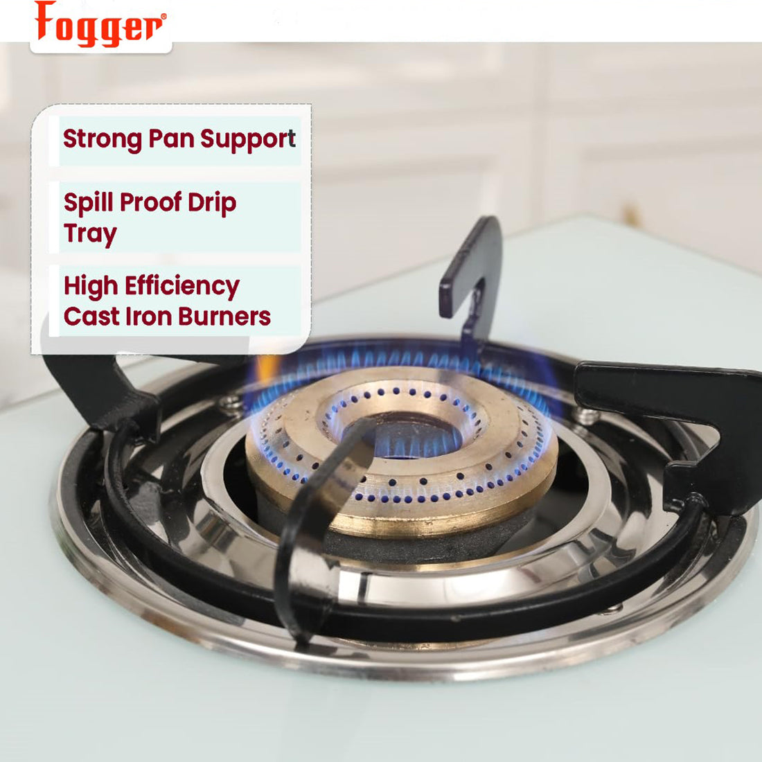 Fogger Gas stove Cute 3 Burner LPG Stove with CI Burner Manual Gas Stove White Toughened Glass Surface