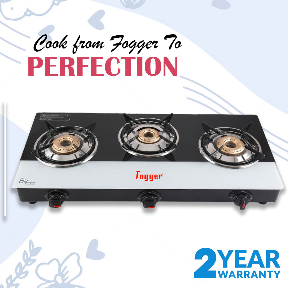 Fogger Gas stove Cute 3 Burner LPG Stove with CI Burner Manual Gas Stove White & Black Toughened Glass Surface
