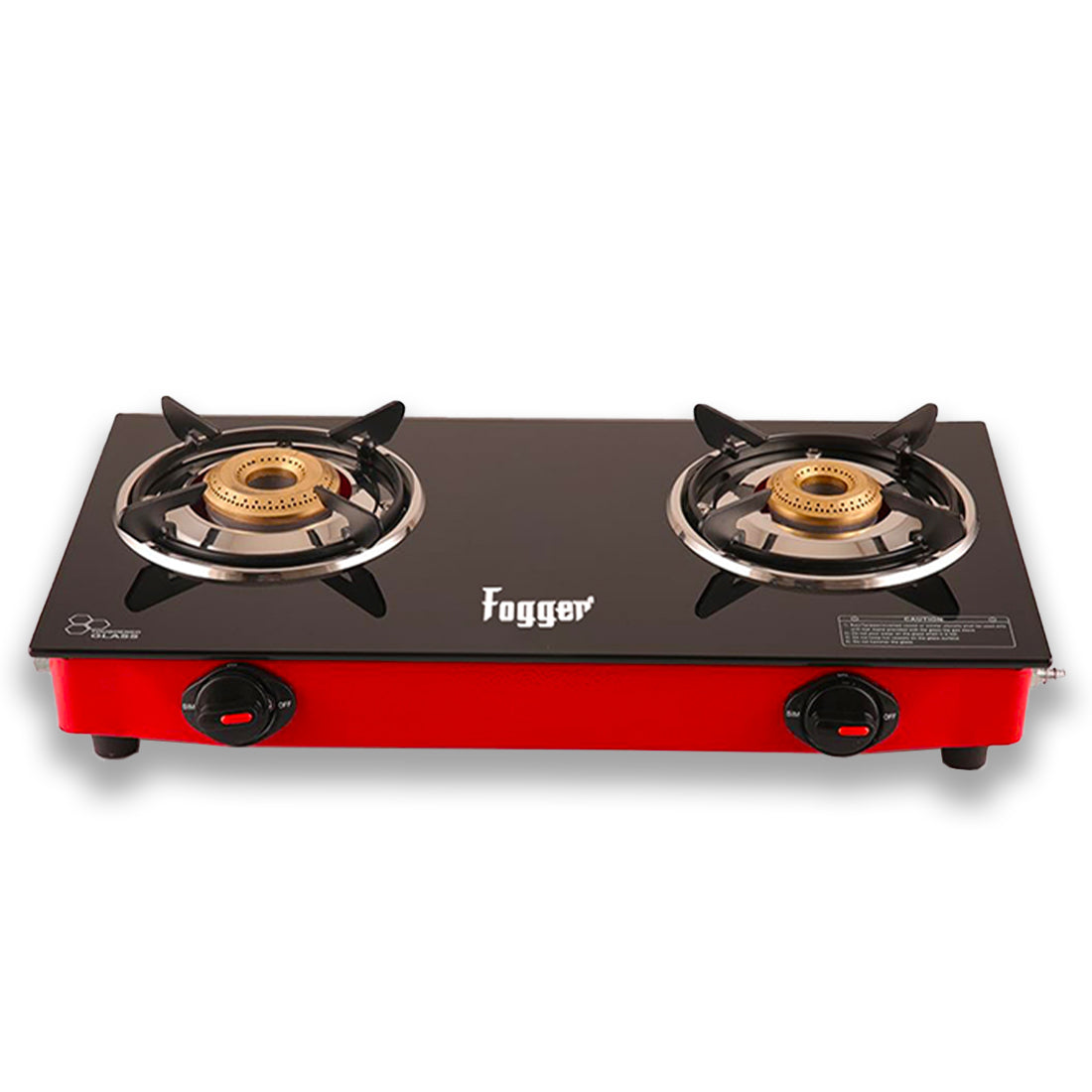 Fogger 2 Burner Gas Stove, Black Toughened Glass Top, Red Frame, 2 Year Warranty
