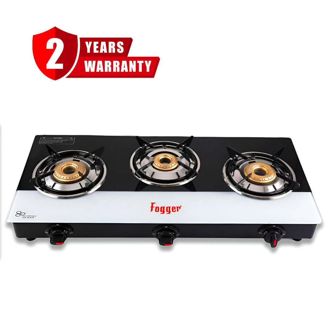 Fogger Gas stove Cute 3 Burner LPG Stove with CI Burner Manual Gas Stove White & Black Toughened Glass Surface