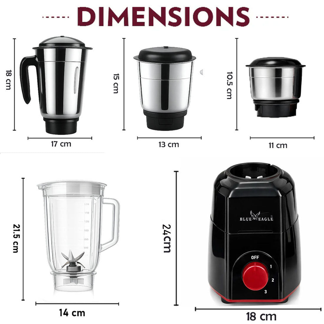 Blue Eagle Pro Elegant Mixi 750 Watt Juicer Mixer Grinder (3 Jars | Black, Red)