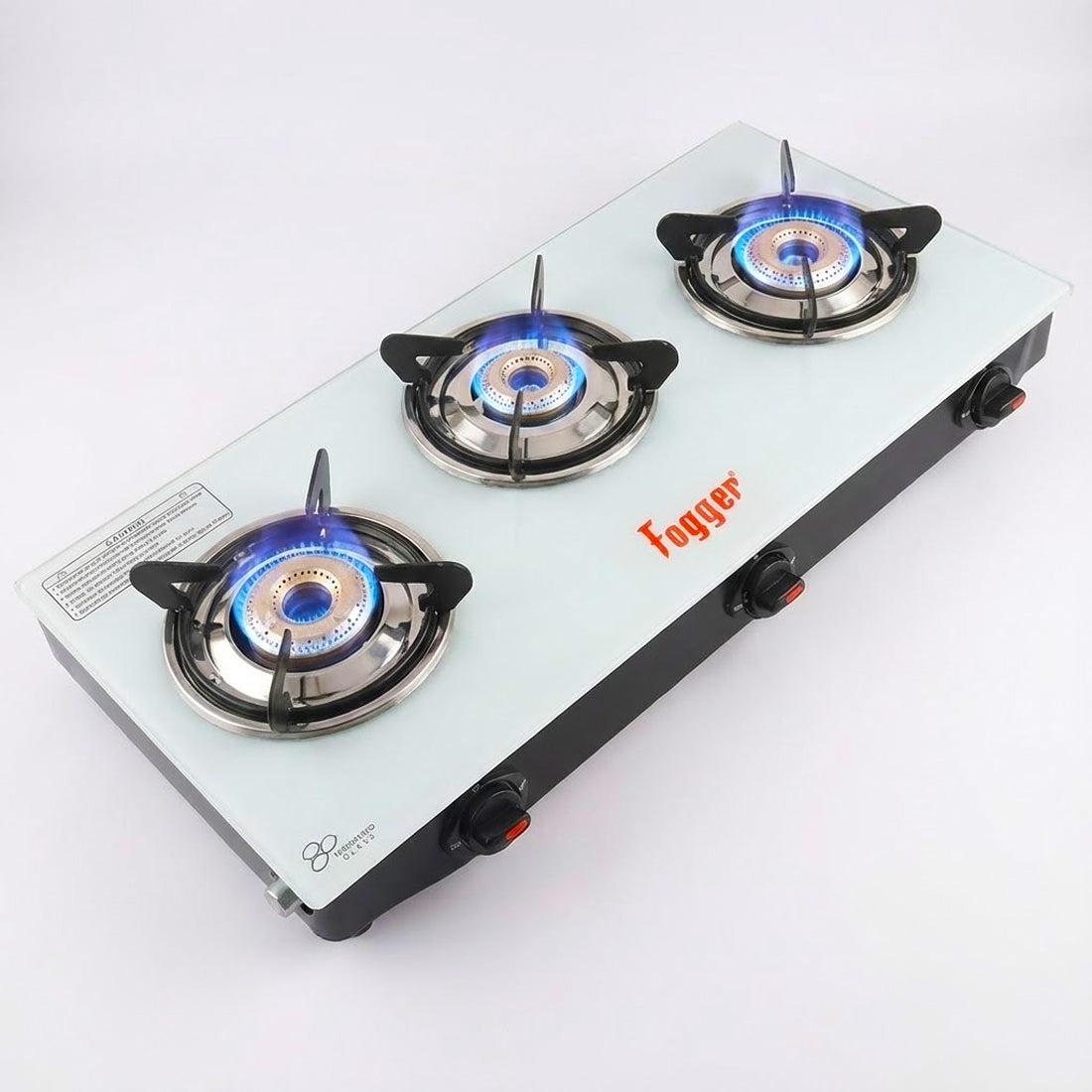 Fogger Gas stove Cute 3 Burner LPG Stove with CI Burner Manual Gas Stove White Toughened Glass Surface