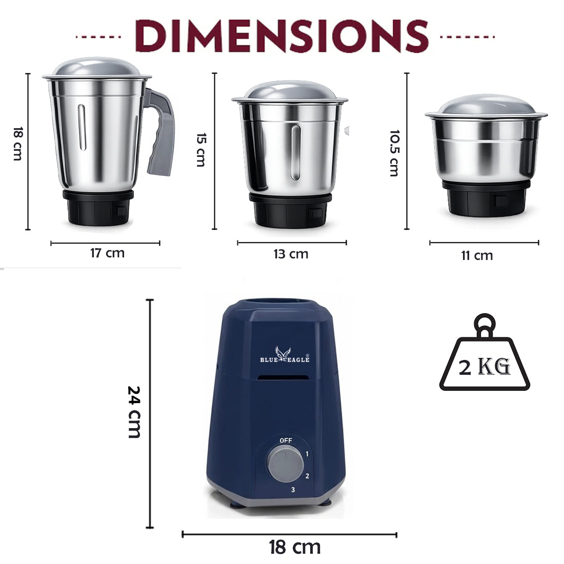 Blue Eagle Mixer Grinder, 500 Watt, 3 Stainless Steel Jars, Blue and White