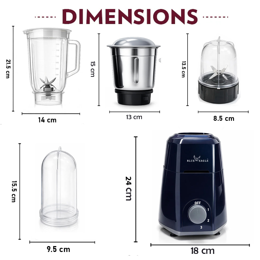 Blue Eagle Mixer Grinder, 750 Watt, 4 Jars with 1 Stainless Steel and 3 Transparent Jars