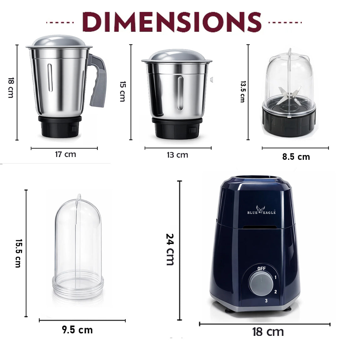 Blue Eagle Mixer Grinder, 750 Watt, 2 Stainless Steel and 2 Nutri Transparent Jars, Blue and Grey