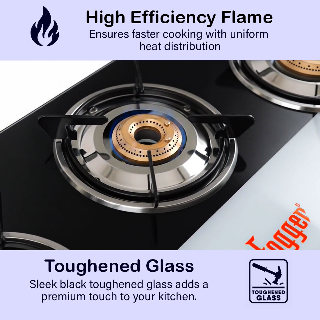 Fogger Gas stove Cute 3 Burner LPG Stove with CI Burner Manual Gas Stove White & Black Toughened Glass Surface