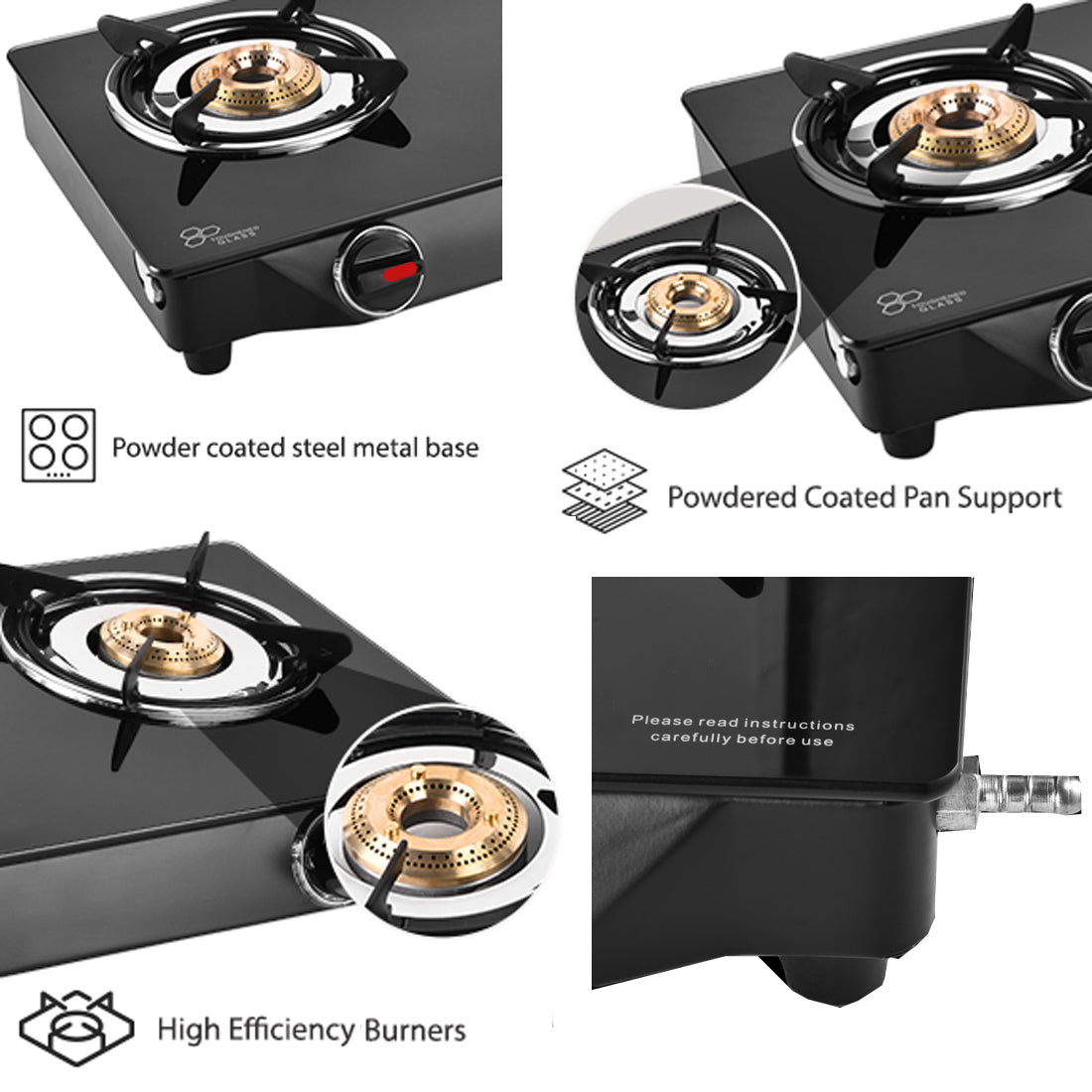 Fogger 2 Burner Gas Stove, Black Glass Top, CI Burners with 2 Year Warranty