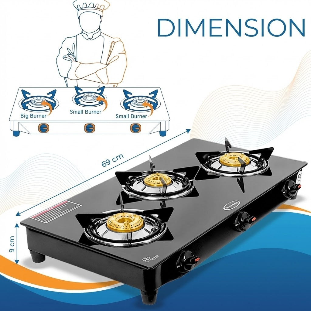 Fogger Gas stove Cute 3 Burner LPG Stove with CI Burner Manual Gas Stove Black(3 Burners)
