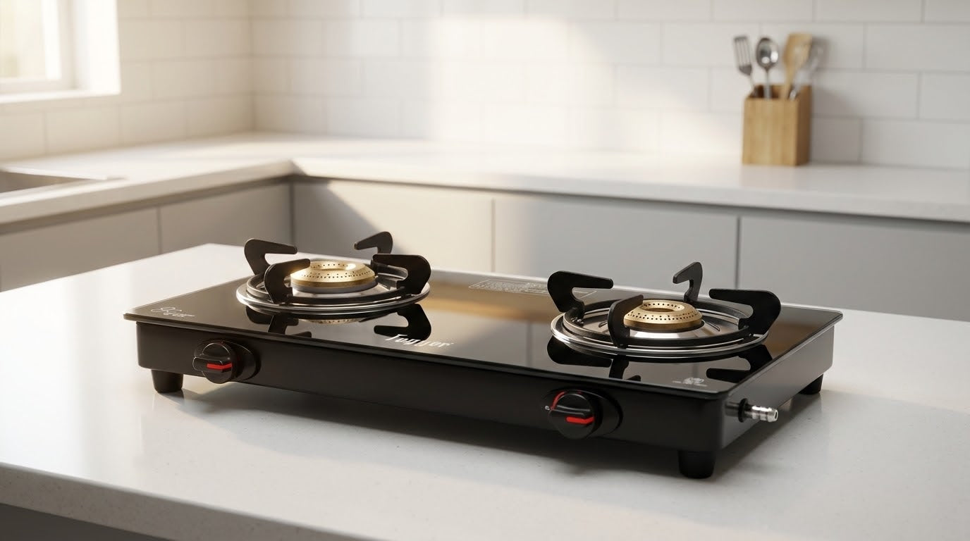 Fogger 2 Burner Gas Stove, Black Glass Top, CI Burners with 2 Year Warranty