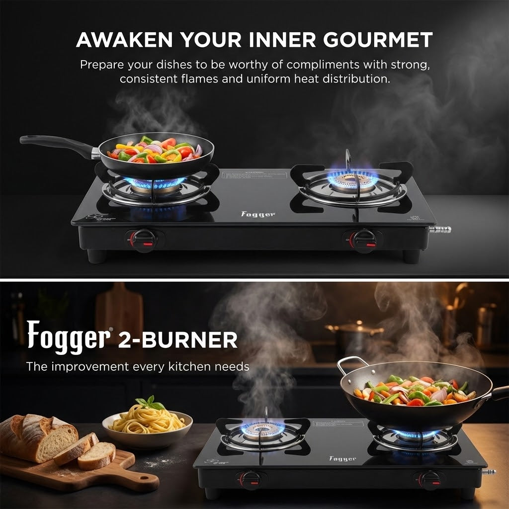 Fogger 2 Burner Gas Stove, Black Glass Top, CI Burners with 2 Year Warranty