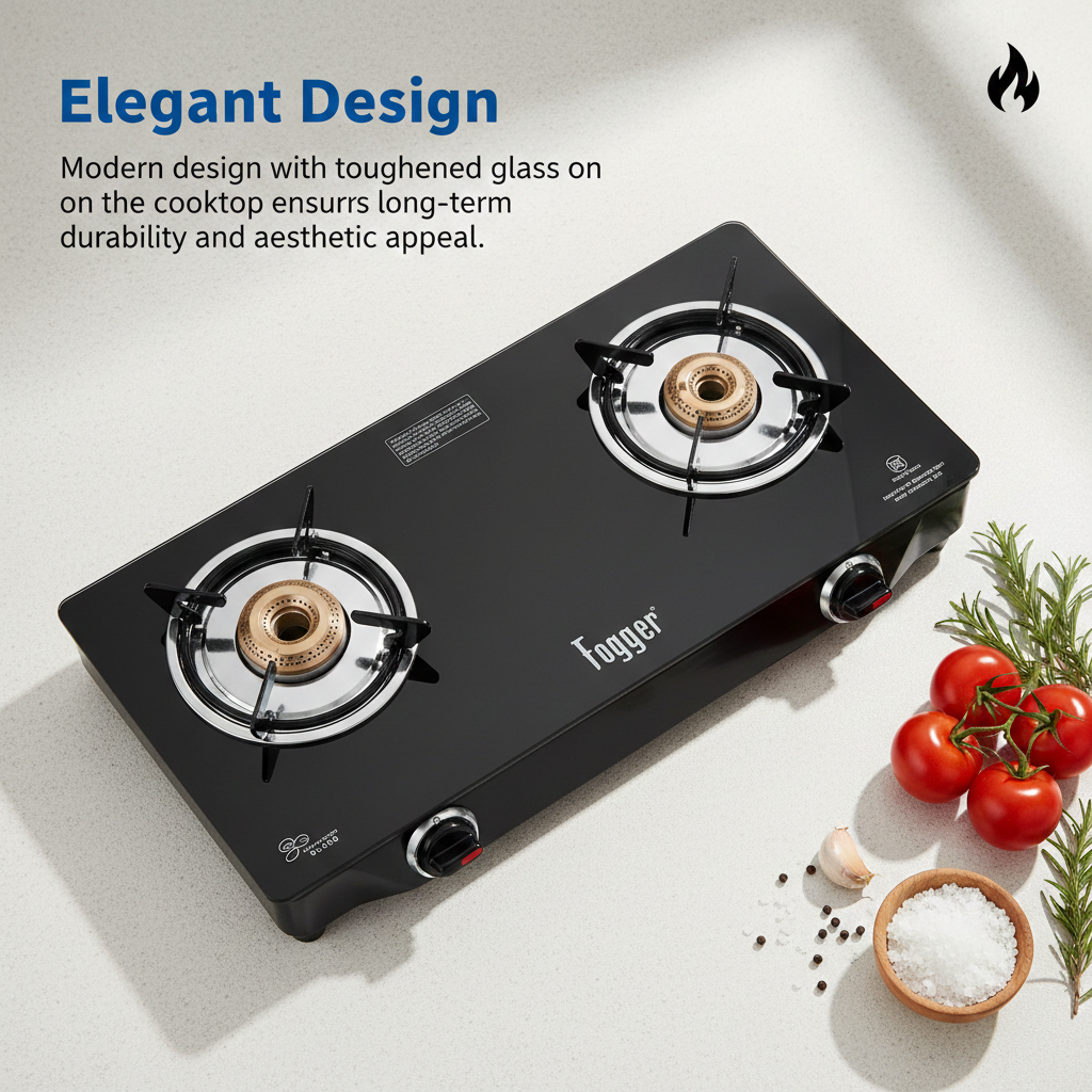 Fogger 2 Burner Gas Stove, Black Glass Top, CI Burners with 2 Year Warranty
